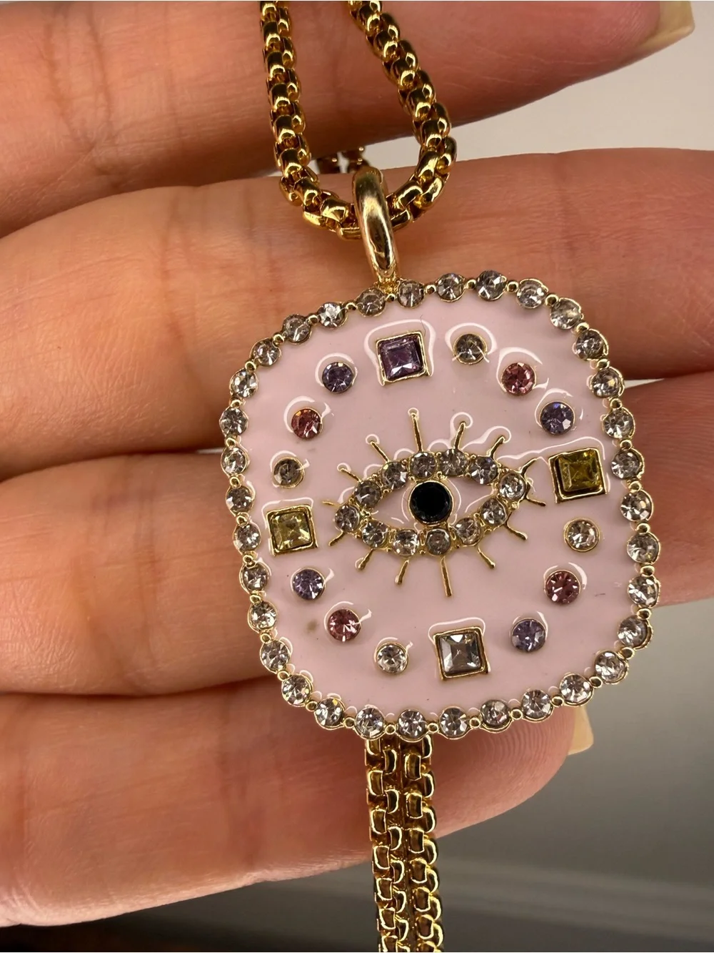 Gold Pink Evil Eye Pendant Necklace with Crystal Accents Y2K